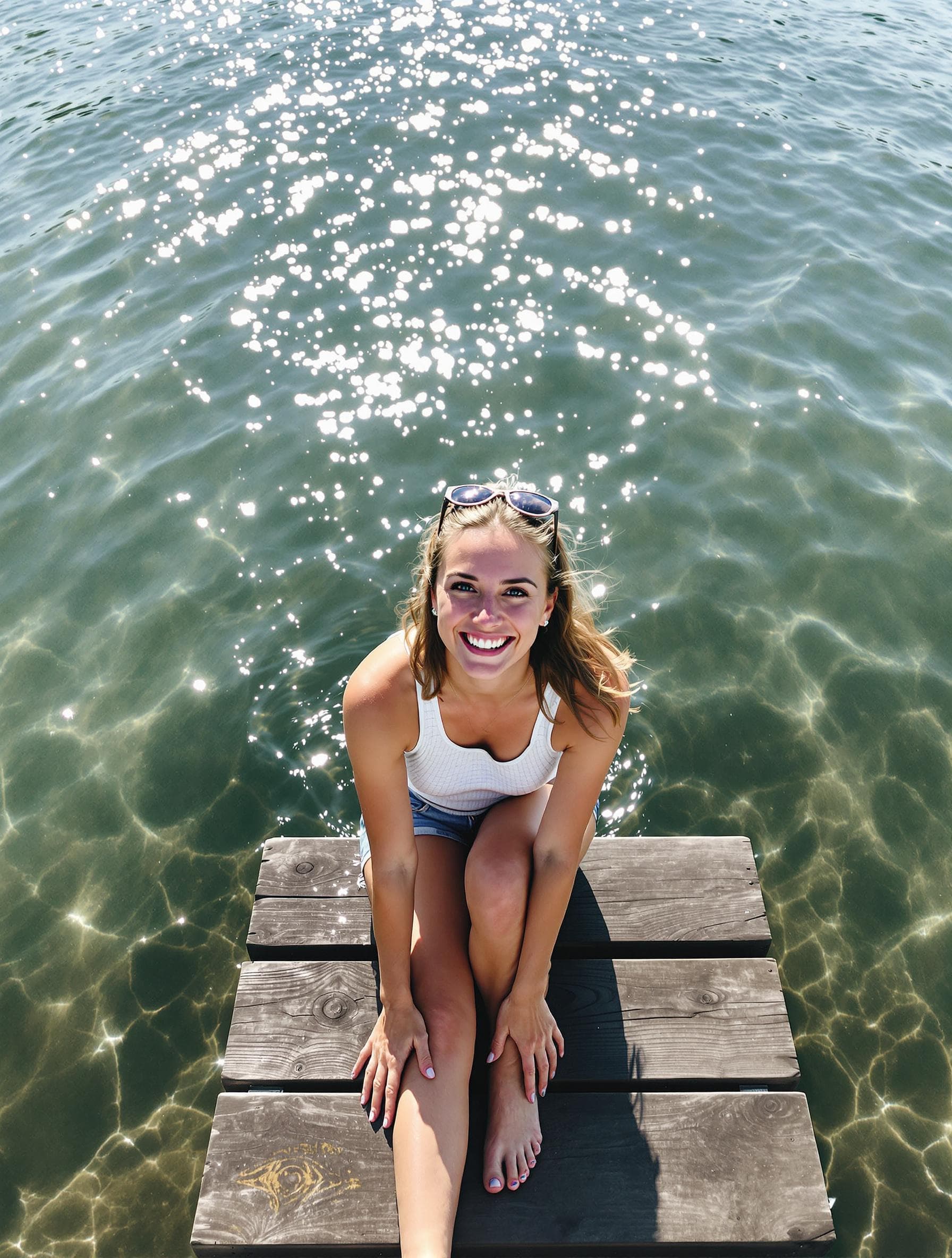 AI generated: A joyful woman sitting on a wooden dock by a sparkling lake, her feet dipping into the water. The ca...
