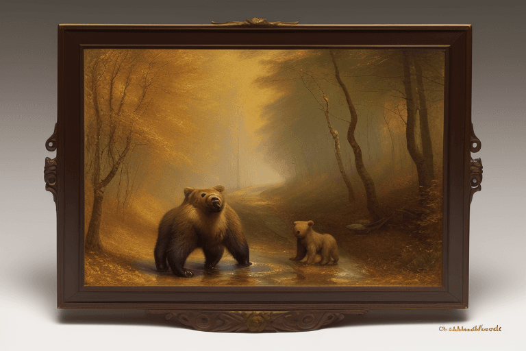 AI generated: Art by Joseph Mallord William Turner, Autumn in the forest with Bear Cub and MaMa, chalkware, 