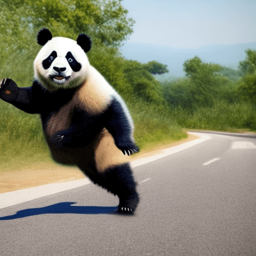 AI generated: a panda running in road