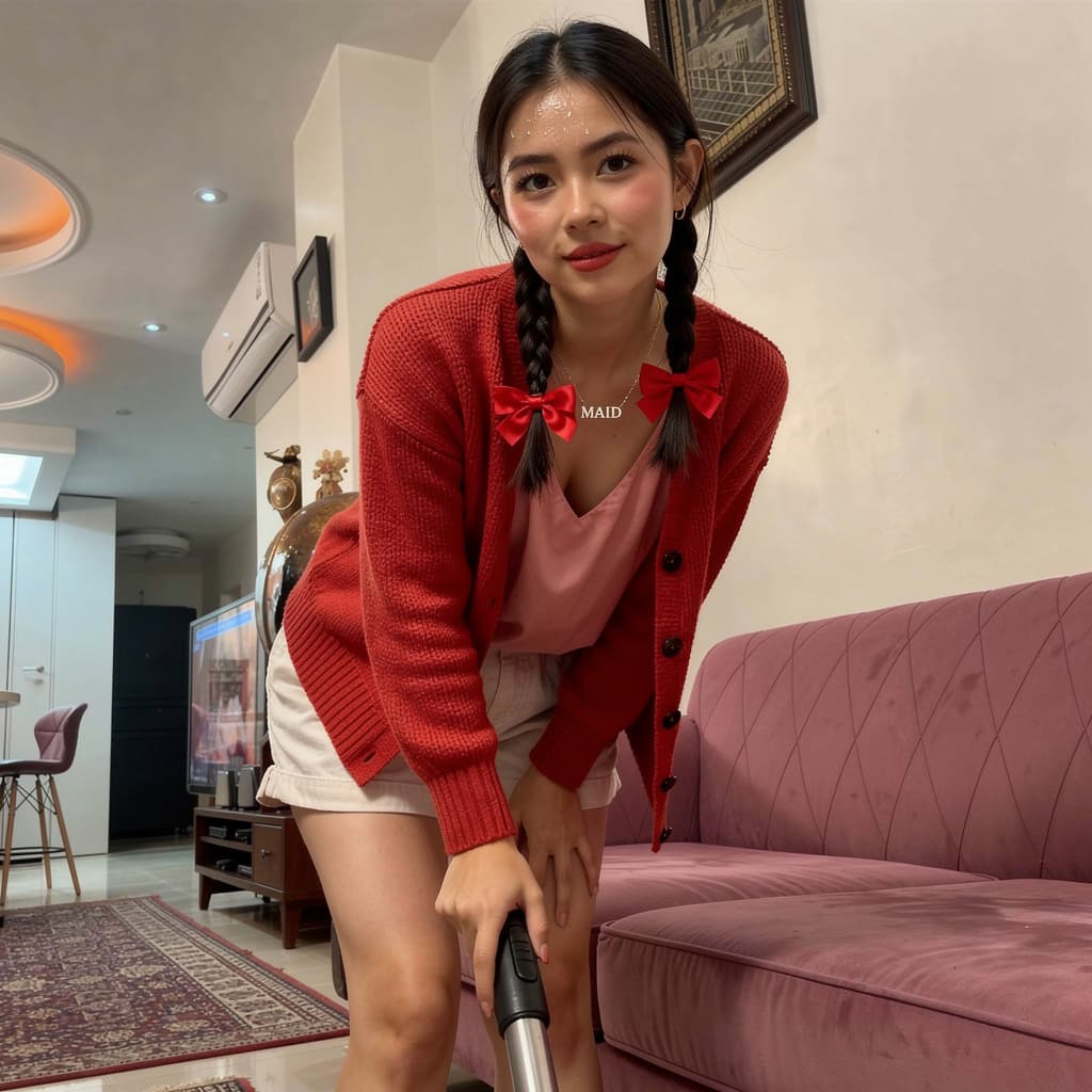 AI generated: The image shows an Asian maid tidying up a messy living room. The girl is slender, with beautiful sk...