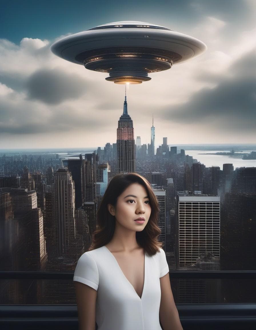 AI generated: 
A photo of New York city, in the clouds a massive alien spaceship looms over the city. Crowds of p...