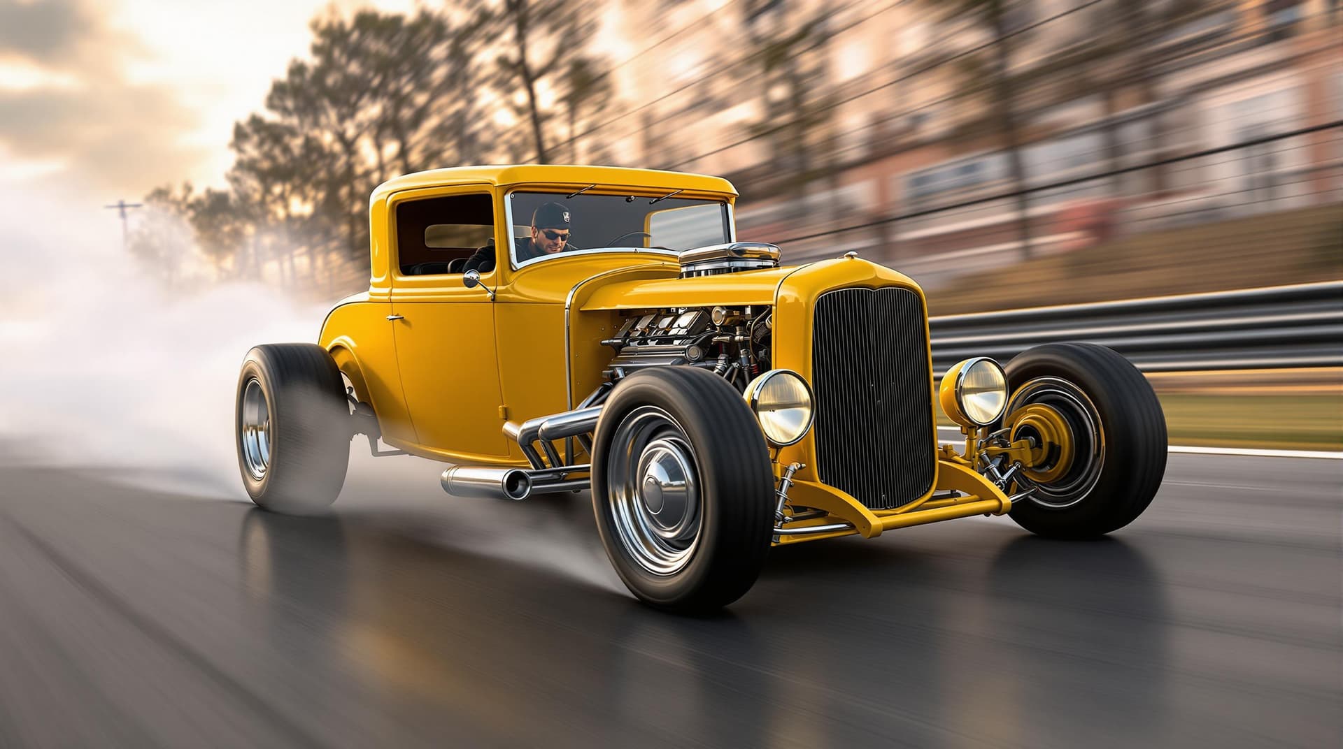 AI generated: Envision a 3D photorealistic, bright yellow 1920s ford hot rod  with a driver charging down a race t...