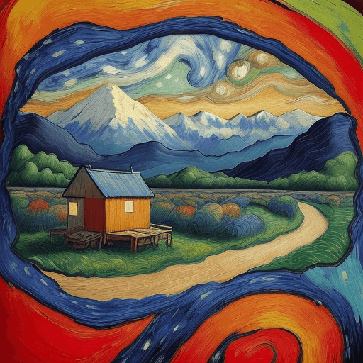AI generated: mj, Van Gogh style, a hut and sunset, painted with bold and expressive brushstrokes reminiscent of V...