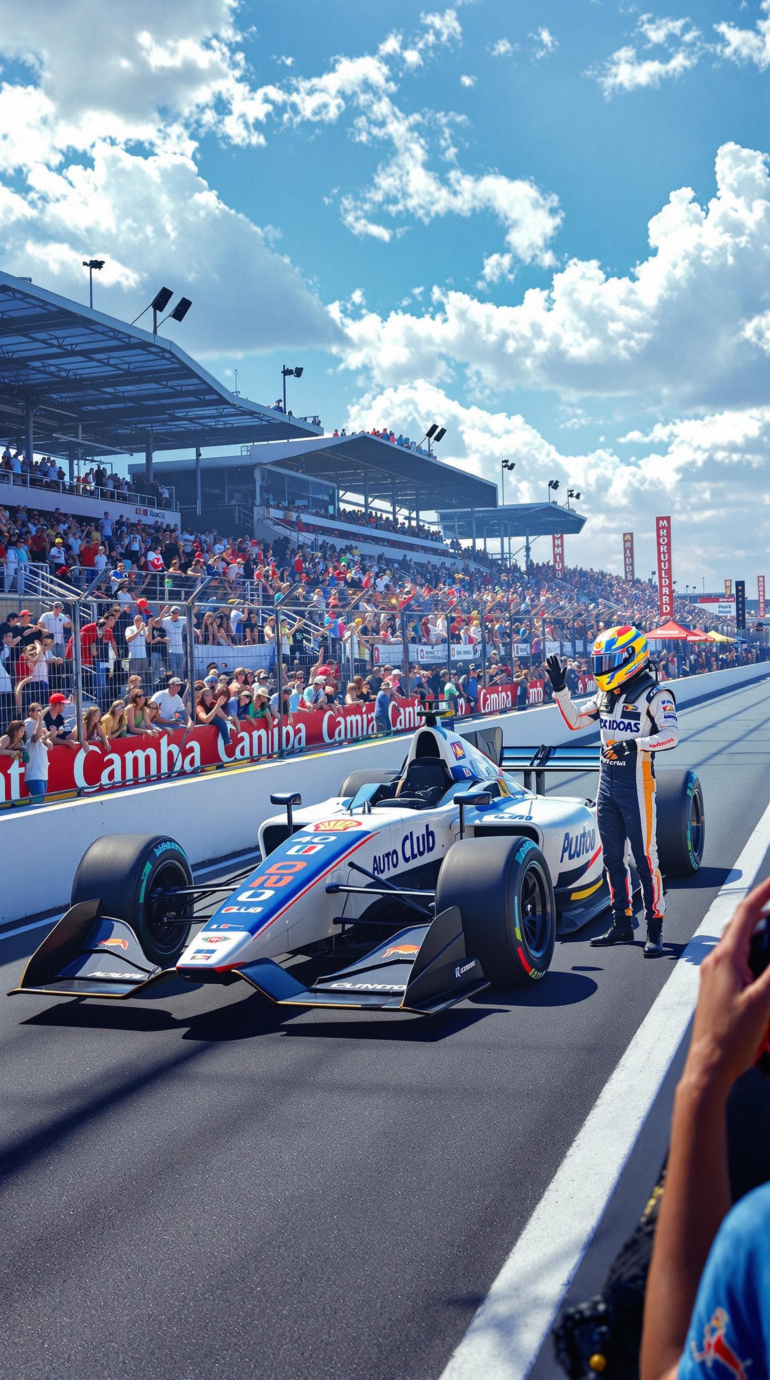AI generated: Summer. On the race track, there is a racing car with a bright logo of an auto club. Next to the car...