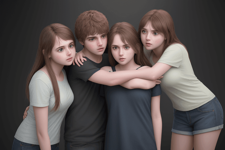 AI generated: Create an realistic image of an adult 2 girls and 1 boy hugging both gf girl's standing beside him, ...