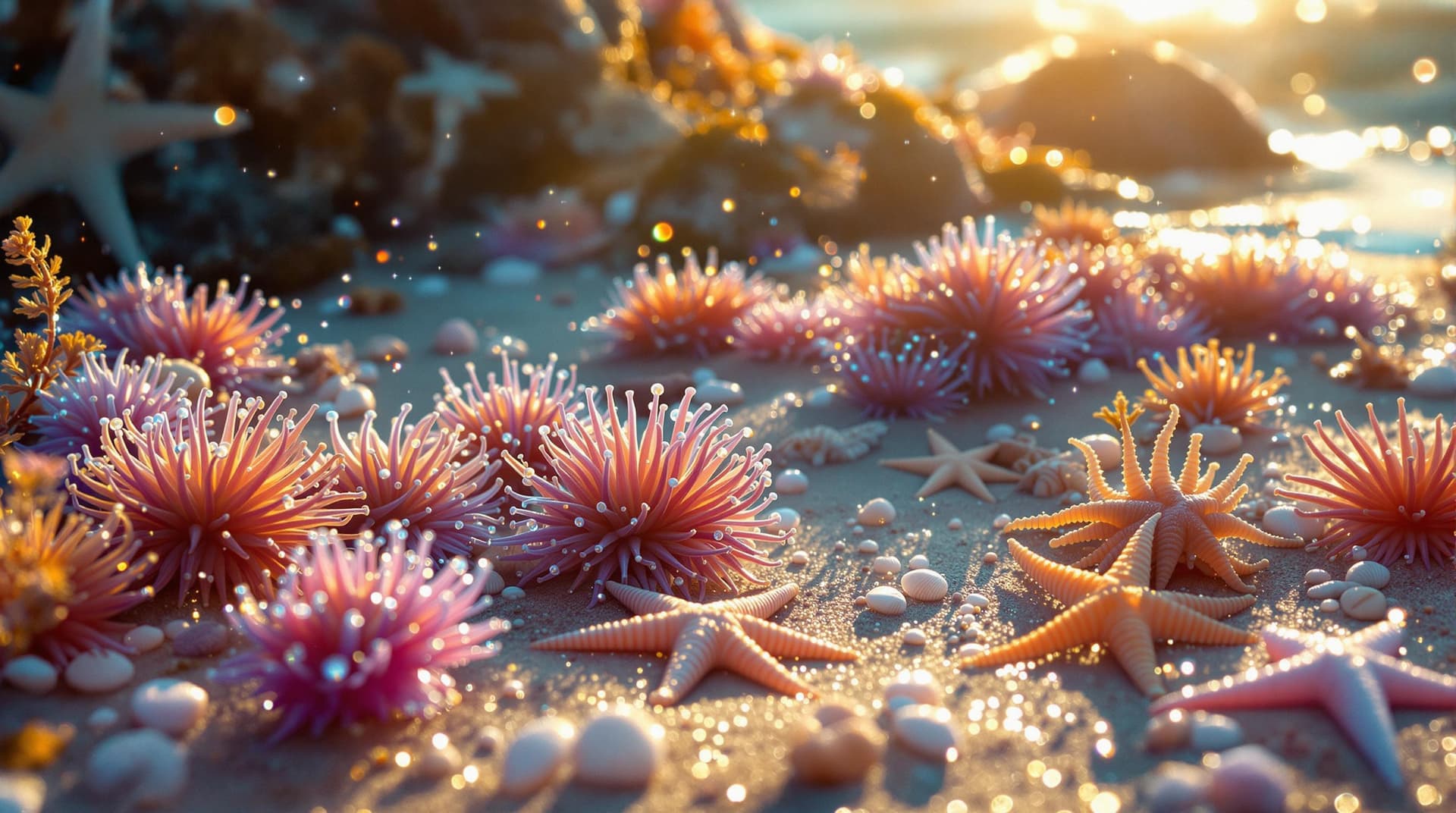 AI generated: Under a warm, ethereal glow reminiscent of a Terrence Malick film, vibrant varigated color sea anemo...