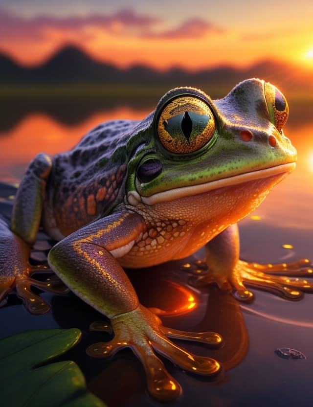 AI generated: high quality, 8K Ultra HD Digital art Stunning sunset  frog, eyes, shine , luminous, intricate detai...