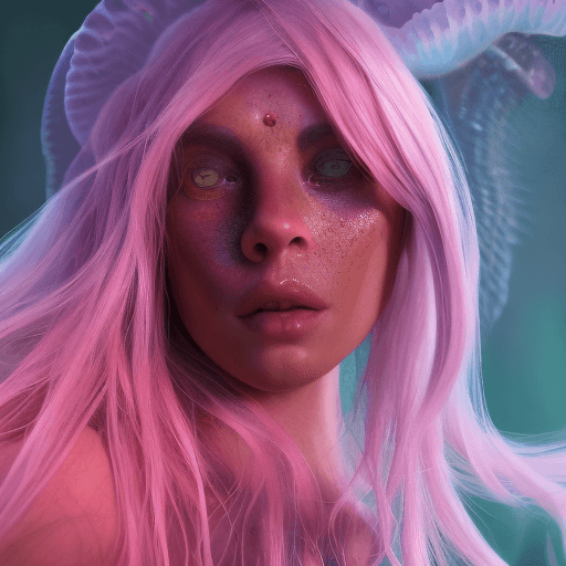 AI generated: Goddess close-up portrait ribcagel. jellyfish phoenix head, nautilus, orchid, skull, betta fish, bio...