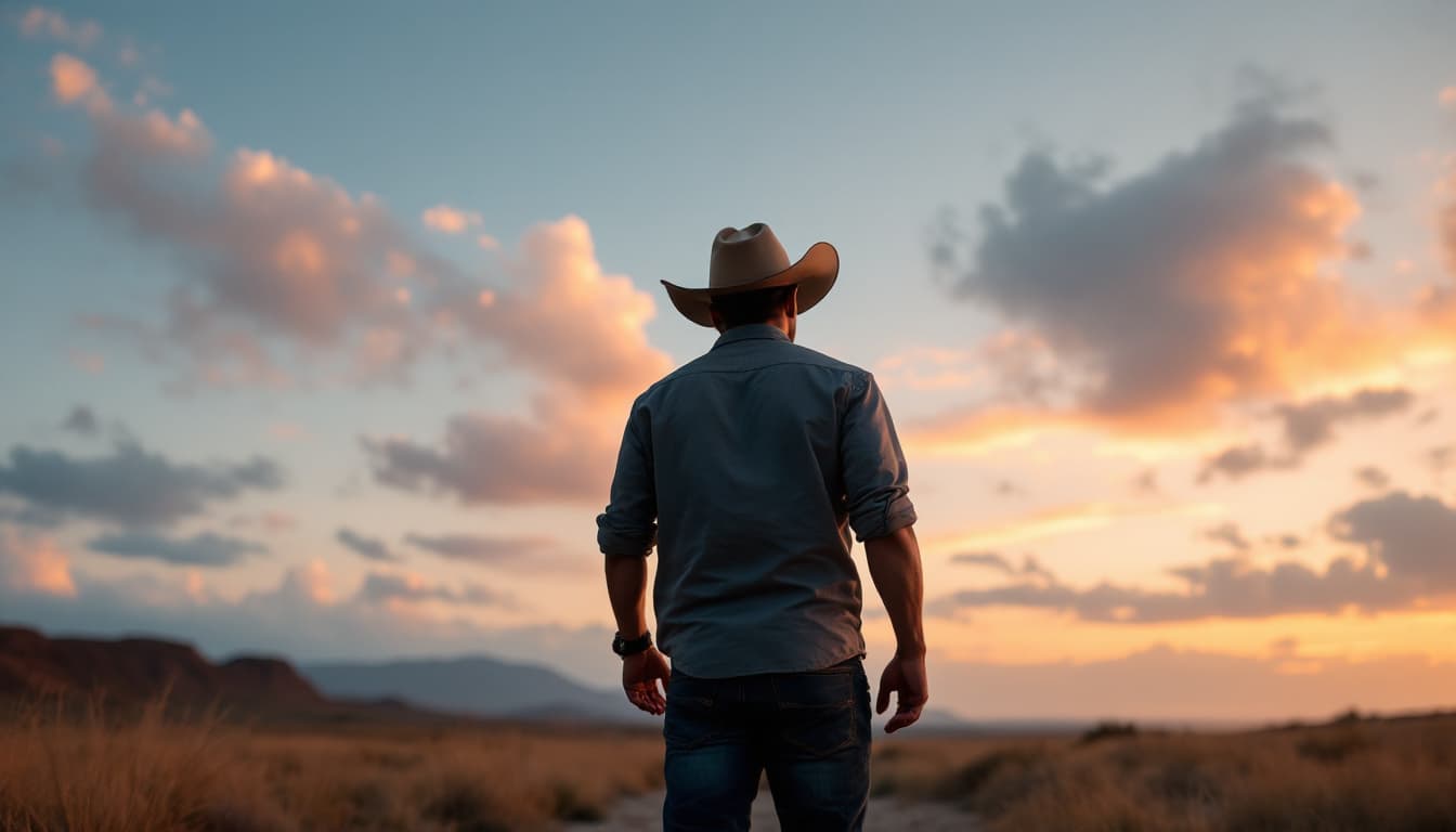 AI generated: Estilo tipo western. Paisaje: playa al atardecer. Un hombre en vista lleva un traje de vestir a la d...