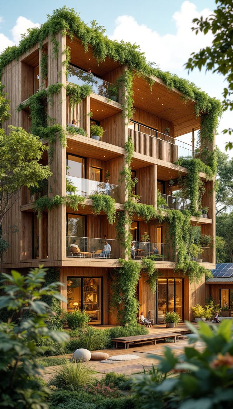 AI generated: Eco-friendly building, reclaimed wood accents, living green walls, bamboo flooring, low-carbon concr...