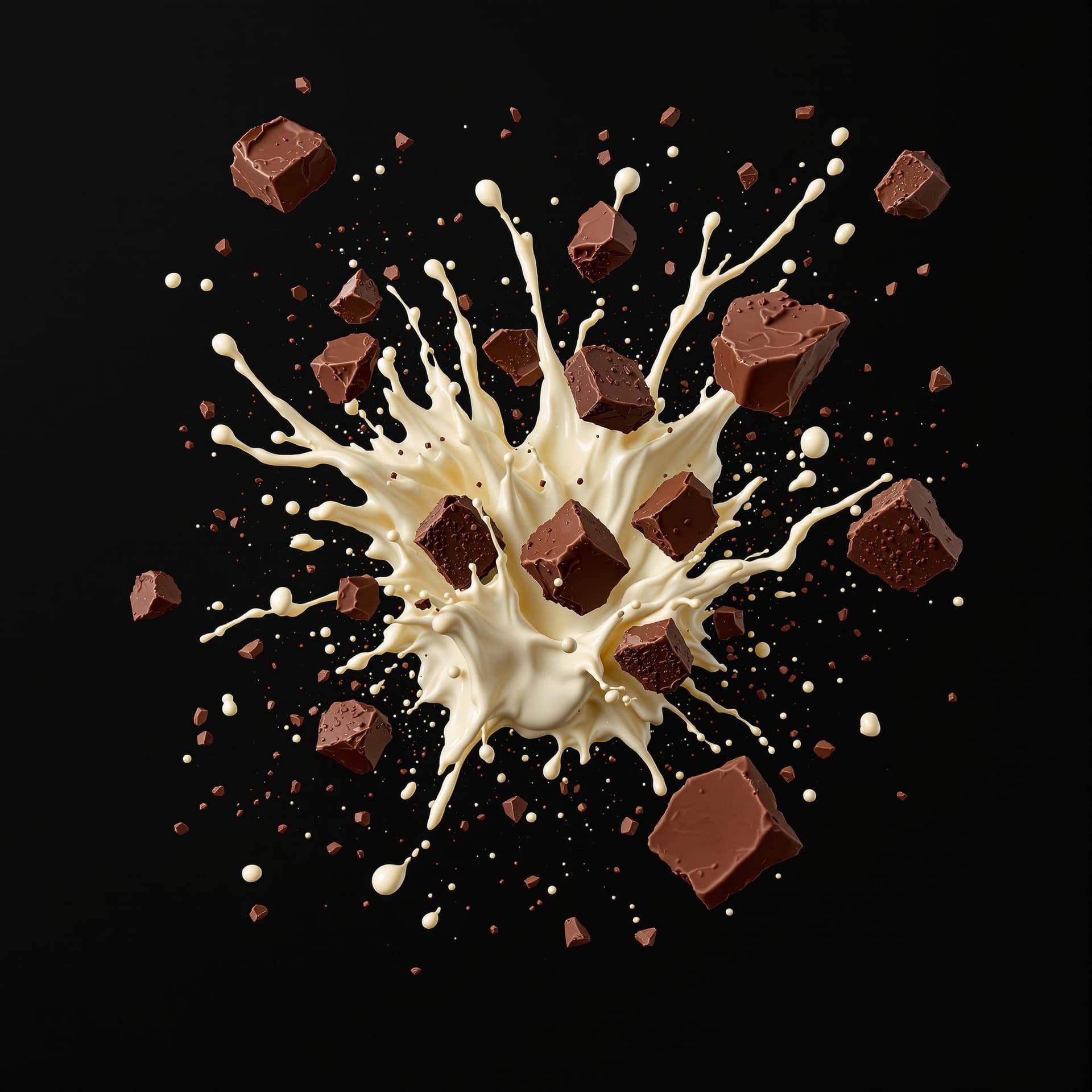 AI generated: dark background, in the front flying chocolate chunks with milky cream along in different sizes like...