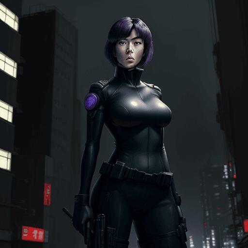 AI generated: A powerful woman officer, Major Motoko Kusanagi, standing confidently against a background of a dyst...