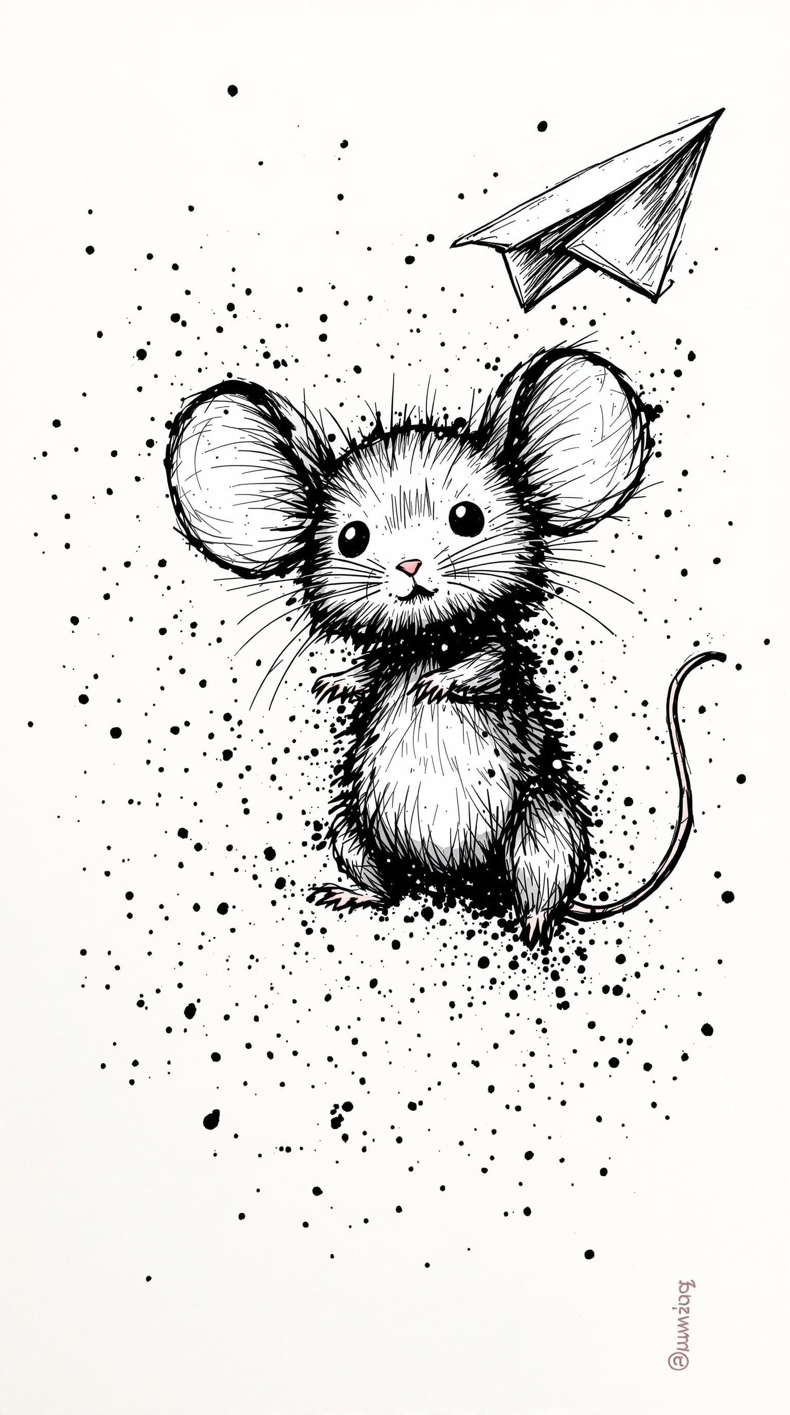AI generated: cute Mouse with straight face flying a paper airplane, detailed,ink style,Ink splash art on the back...