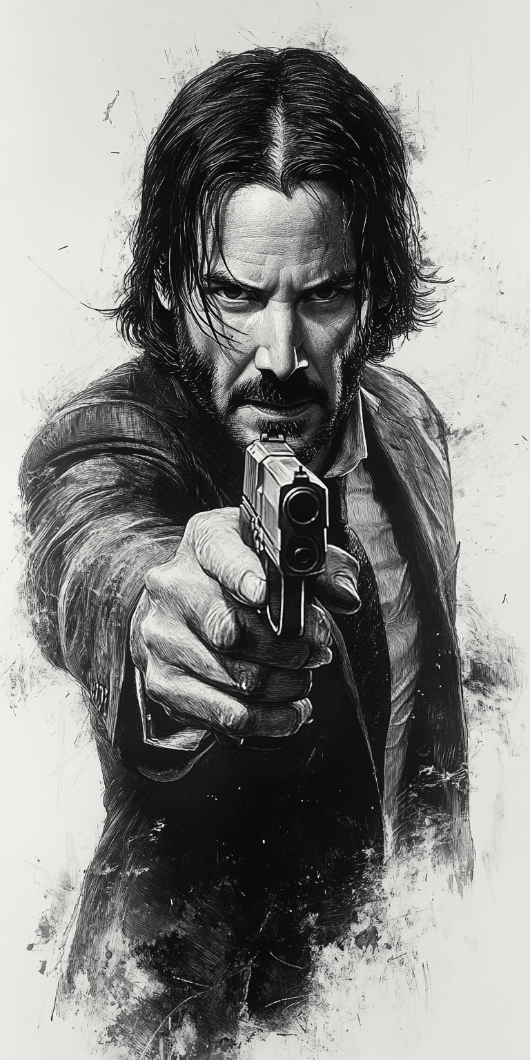 AI generated: Keanu Reeves as John Wick in the style of a pencil sketch drawing, action pose with gun drawn and re...