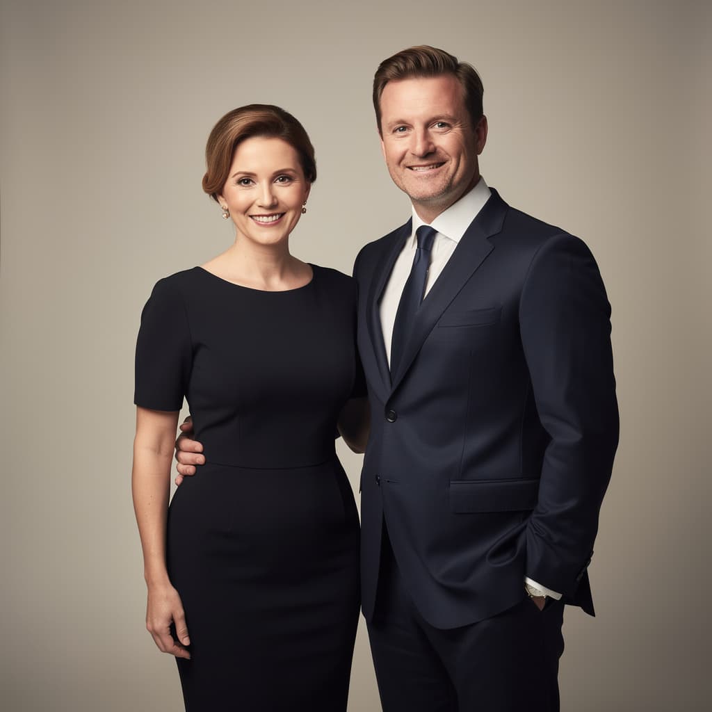 AI generated: A high-quality studio family photo captures a stylish British couple in elegant attire. The wife sta...