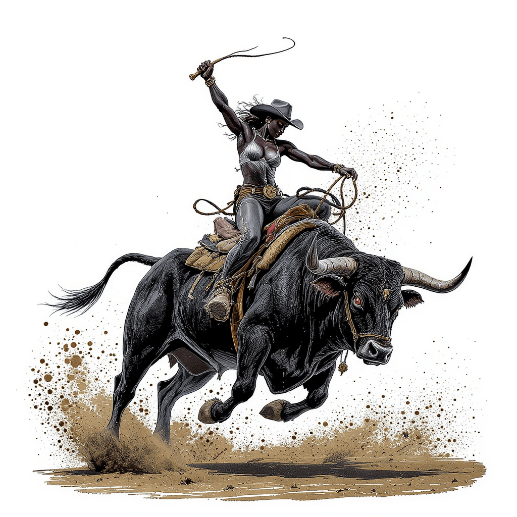 AI generated: African american female bull rider, art brut style, rodeo arena.  Image is isolated on a white backg...