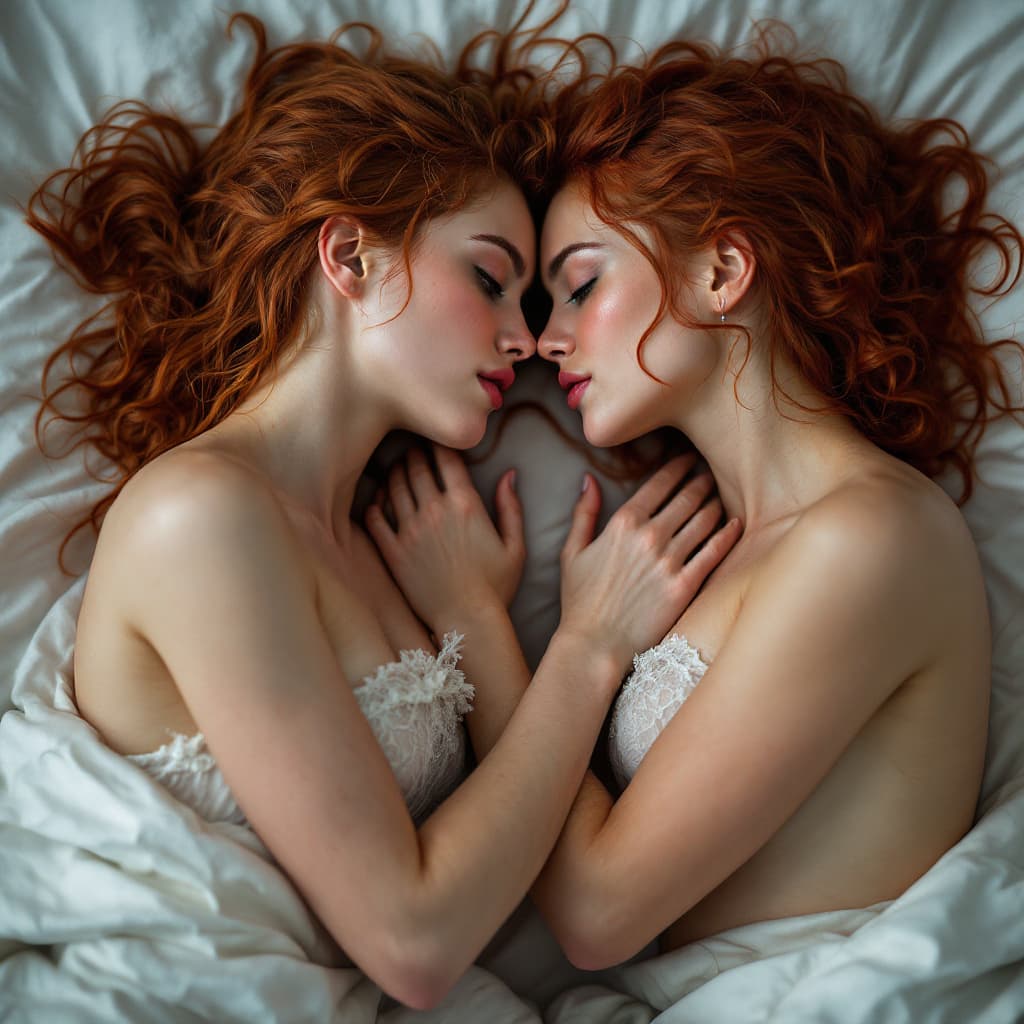 AI generated: a couple of women lying next to each other in a bed, stoya, long curl red hair, touching, kissing, h...