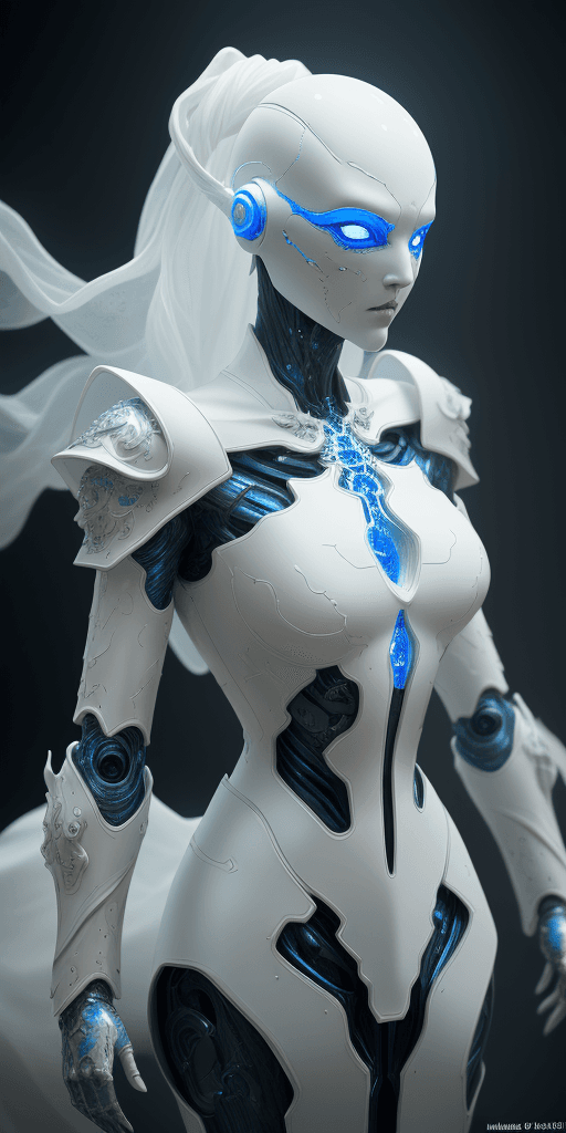 AI generated: humanoid android, covered in white porcelain skin, blue eyes, white wispy ghost wearing ornate armou...