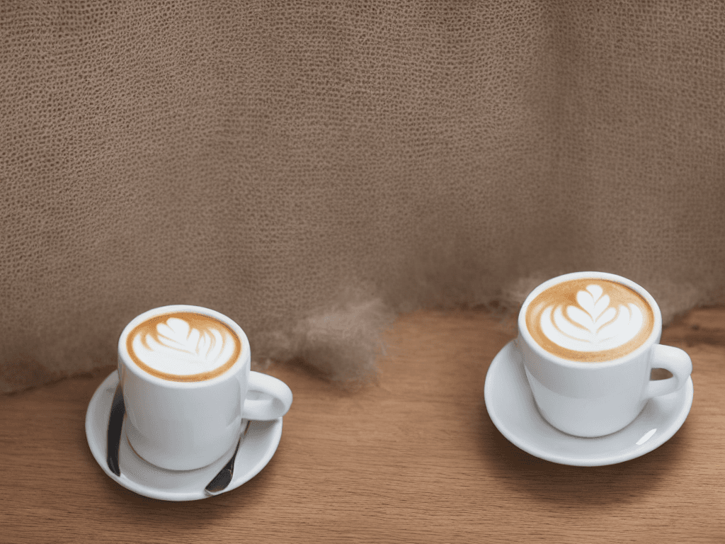 AI generated: A white cup of coffee stands on a wooden table against the background of bokeh, lights, a beige book...