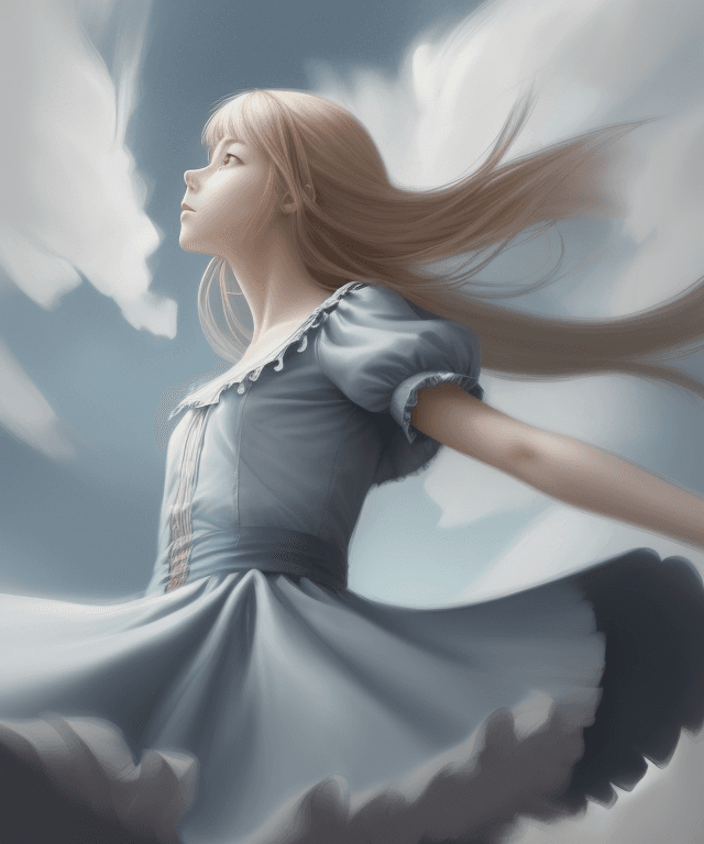 AI generated: realistic drawing alice slowly falling from the sky facing upward seen from her profile
whole body