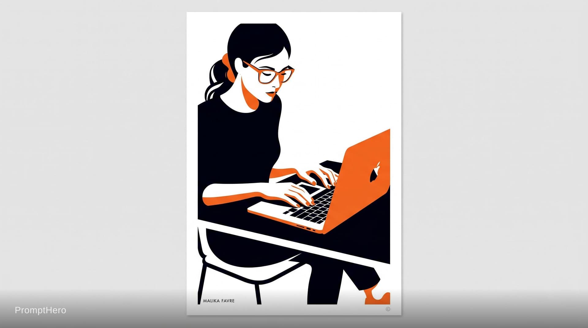 AI generated: Make a person typing on lap top front view angle lap top visible on the back  in style of Malika Fav...