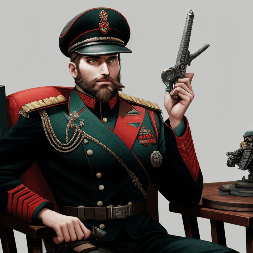 AI generated: all based on Warhhamer 40k, a man with short hair and beard, wearing a Commissar's outfit, holding a...