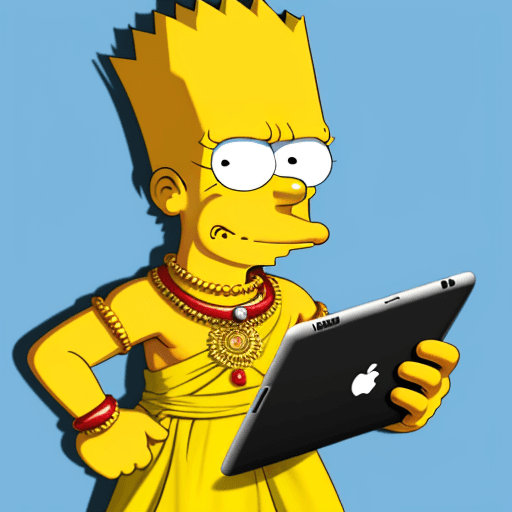 AI generated: Bart simpson in indian dress holding an ipad
