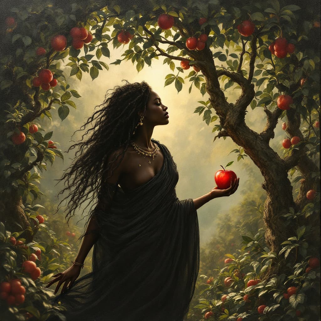 AI generated: black eve holding an apple from the tree of life while walking in the garden of eden.