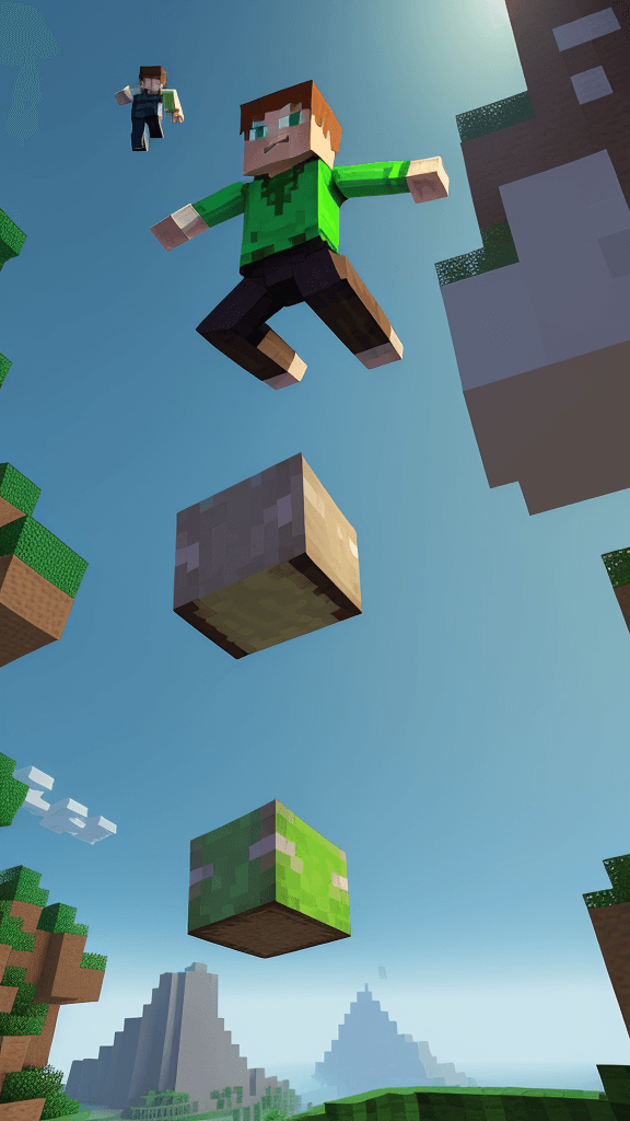 AI generated: 16k srgb 3d minecraft style character boy jumping up in the air, freeze frame caught in the jump, fe...