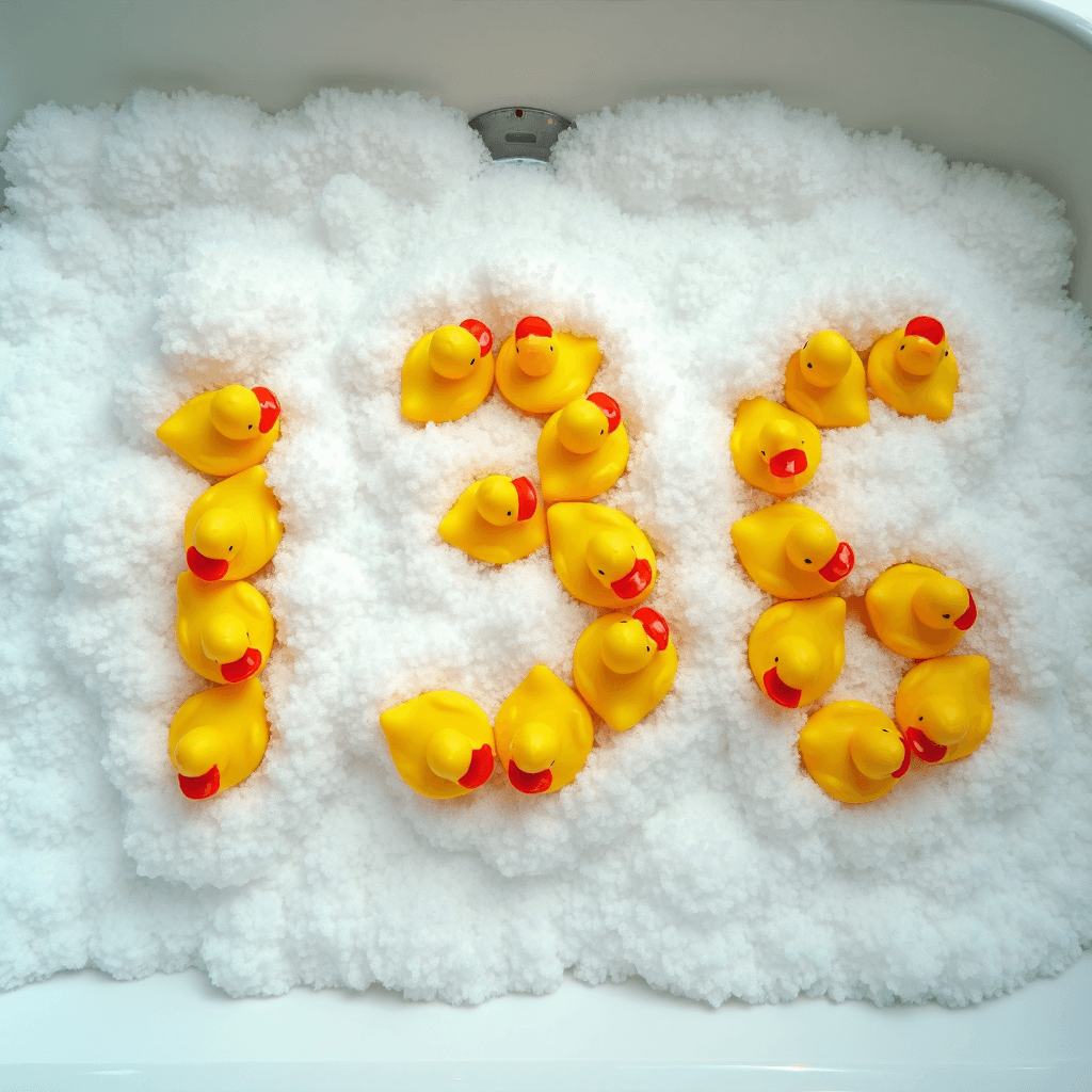 AI generated: top down angle photo of a bath full of foam and (yellow duckies forming a number "136")