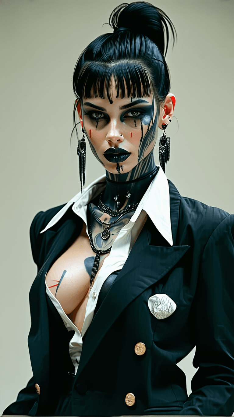 AI generated: The portrait of a very  beatiful gangster  woman with scars on face and with  face tattoos wearing a...