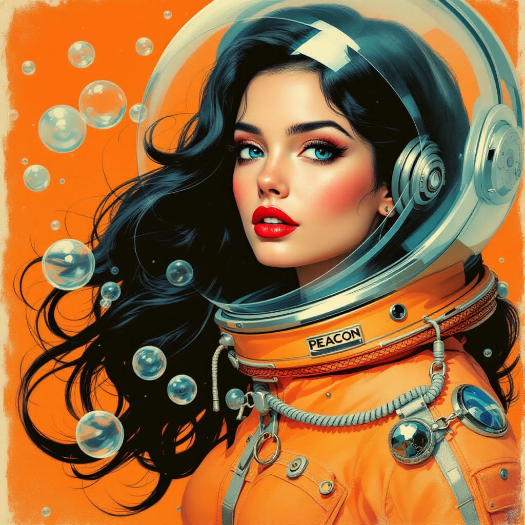 AI generated: A retrofuturistic portrait of an astronaut woman with dark hair, wearing a space suit and surrounded...