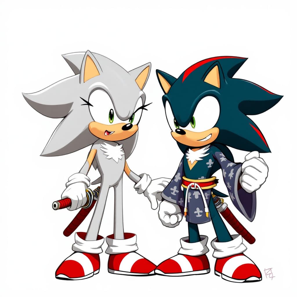 AI generated: Silver the hedgehog, sonic the hedgehog, wearing kimonos, holding swords, standing together. 