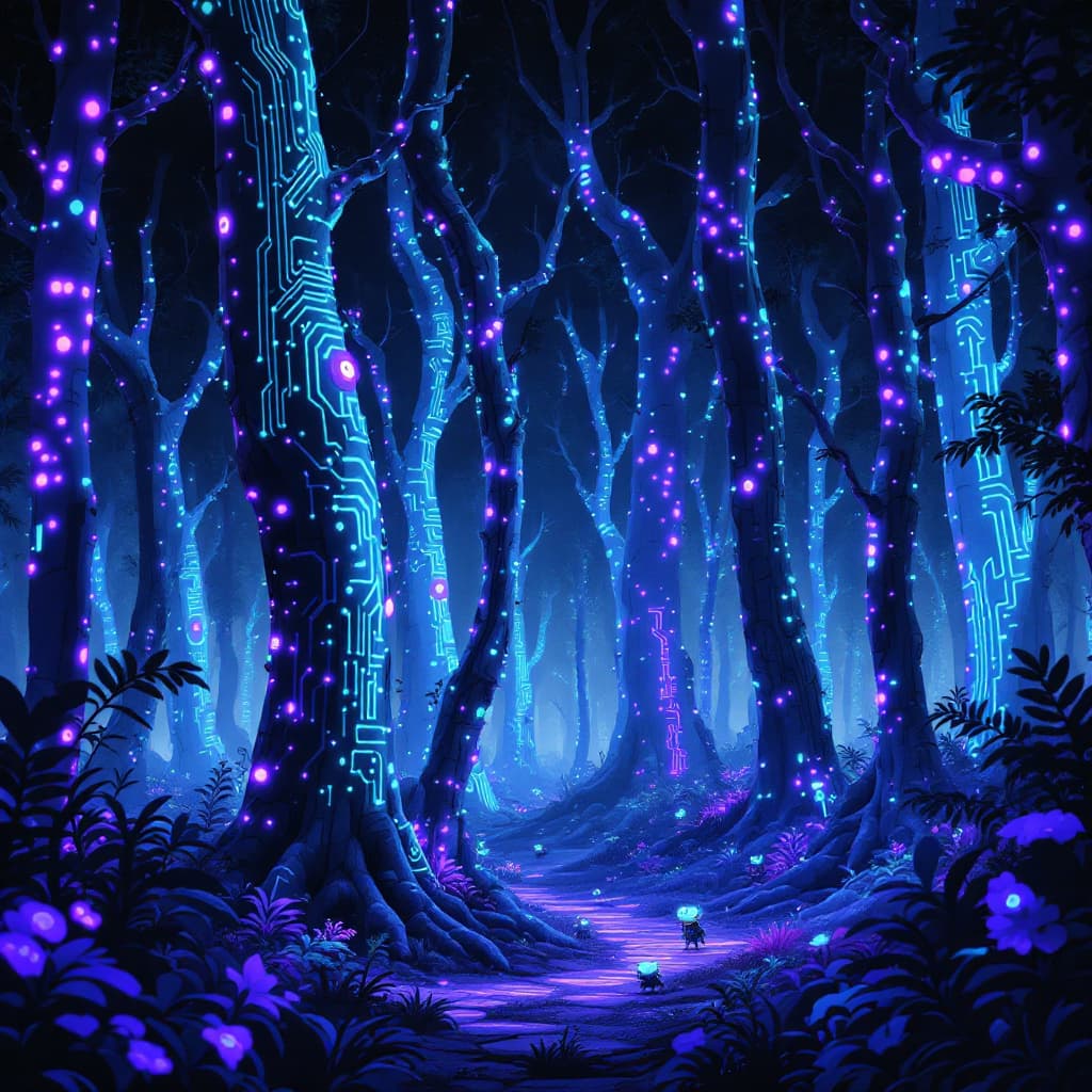 AI generated: A bioluminescent forest where the trees have circuit-like patterns that glow with blue and purple li...