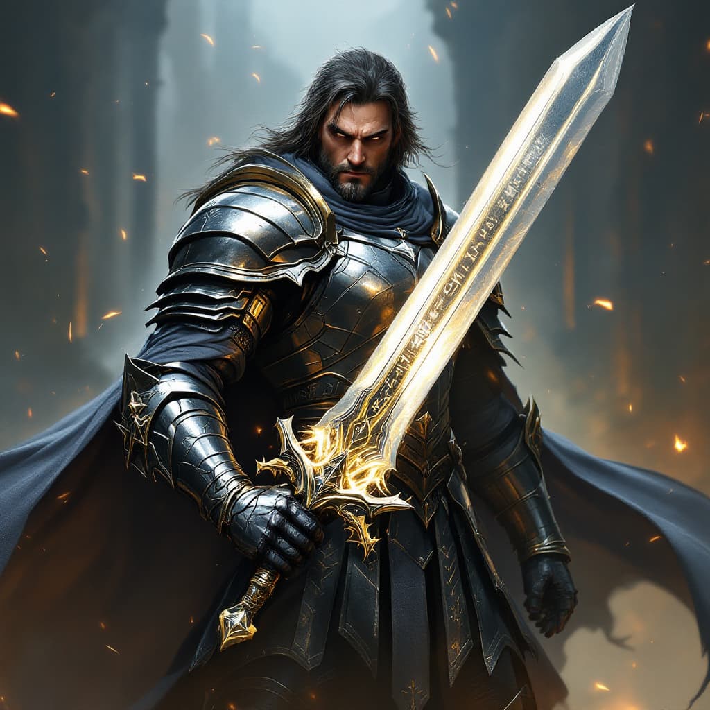 AI generated: A fearless swordsman, clad in shining silver armor, holding a massive two-handed sword, battle-ready...