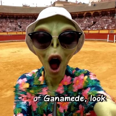 AI generated video: POV iPhone-style selfie video filmed by a real alien tourist inside a packed bullring in Spain. The ...