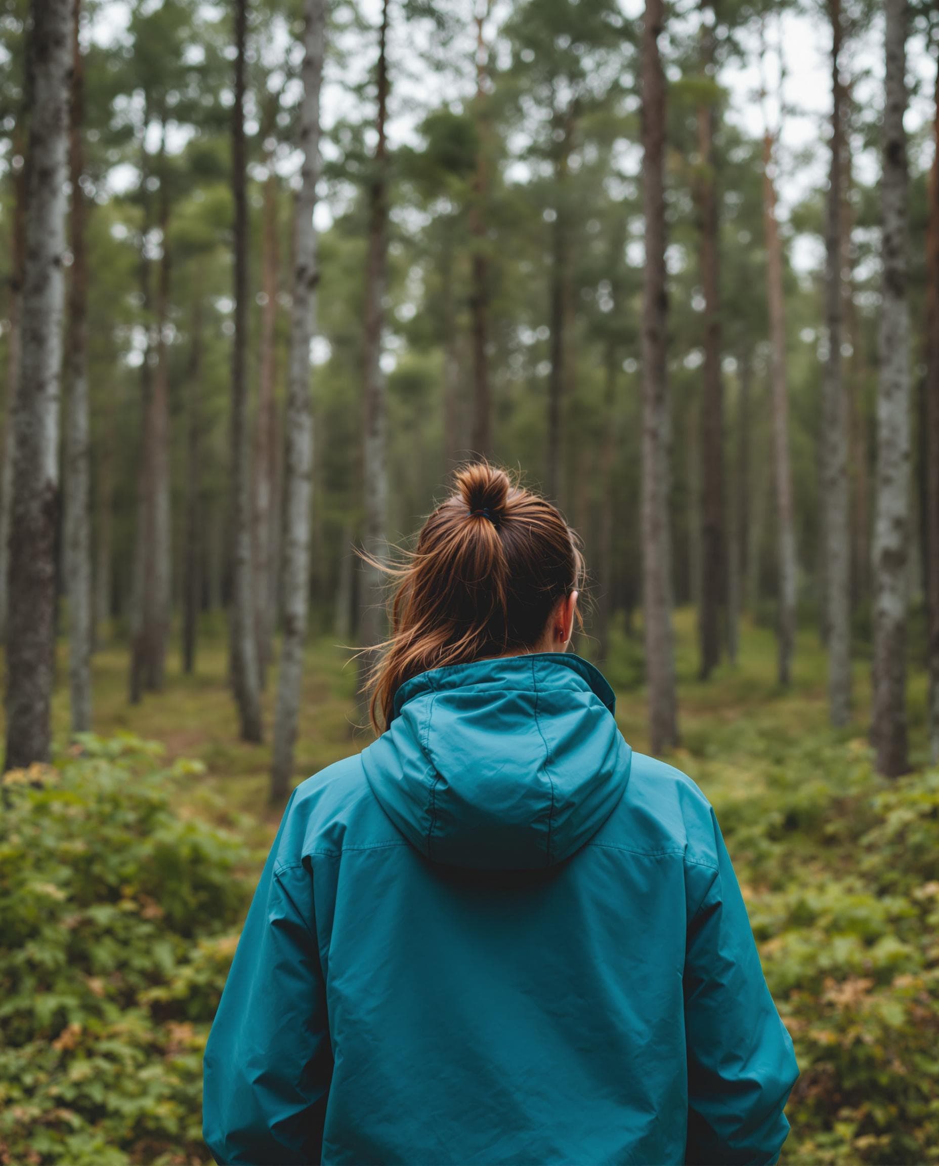 AI generated: realistic photograph of a woman standing in a forest far away, at a distance, covered in waterproof ...