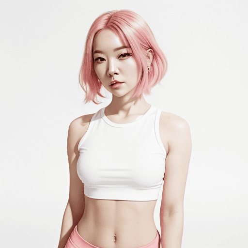AI generated: a beautiful fitness girl stands and shows her a woman with pink hair and a white top, a character po...