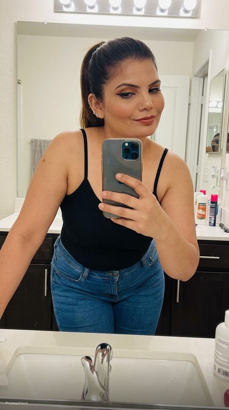 AI generated: Make her wear a camisole and fit jeans, ponytail hairstyle, taking a mirrror bathroom selfie, face f...