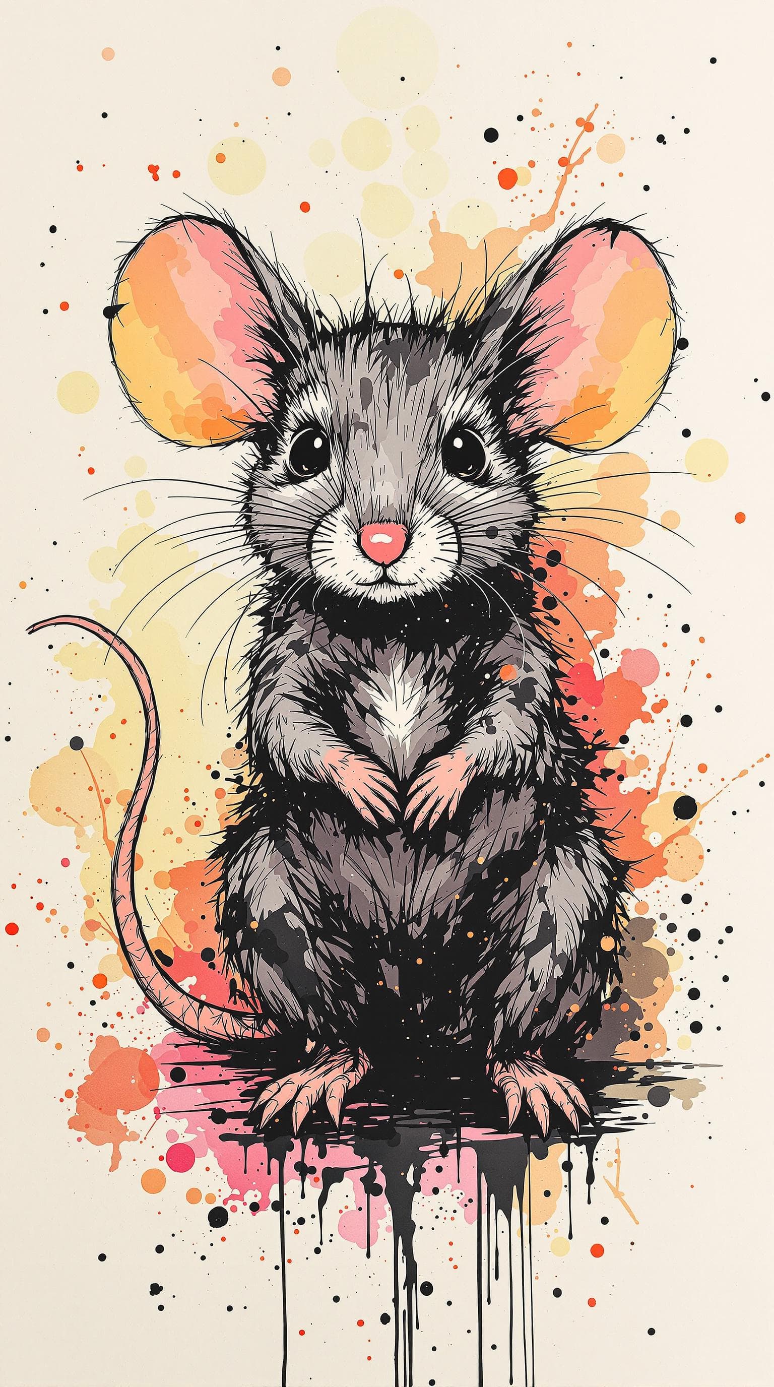 AI generated: cute Mouse with straight face, detailed,ink style,Ink splash art on the background,ink style,Ink wra...