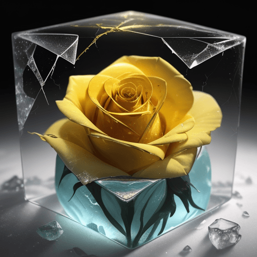 AI generated: close-up photo of a beautiful yellow rose breaking through a cube made of ice , splintered cracked i...