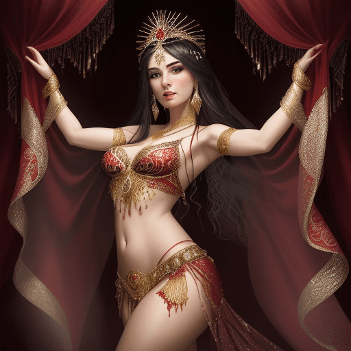 AI generated: a high-resolution portrait of a beautiful 25 year old belly dancer wearing exquisite flowing red sil...