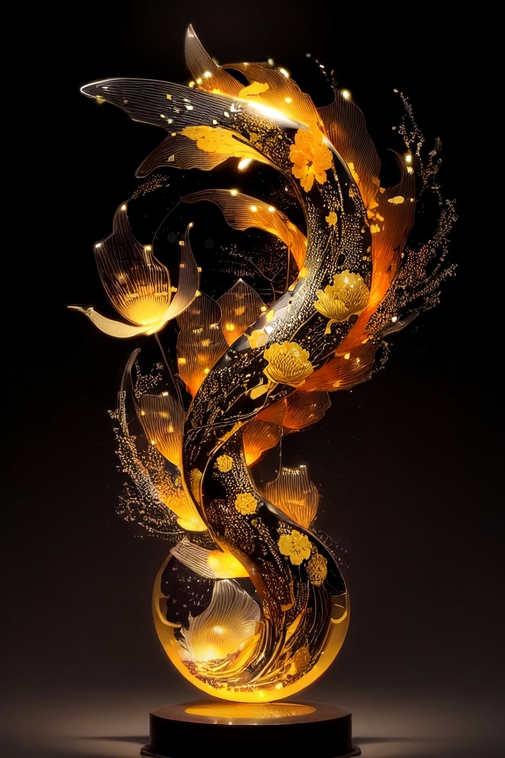AI generated: A radiant and translucent glass particle sculpture of a koi fish by Hokusai, gold and black color sc...