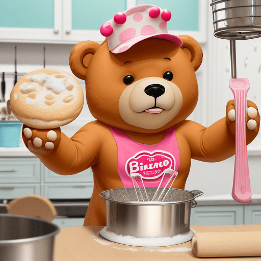 AI generated: Create an image of the Osito bear, the mascot of Bimbo Bakeries, in a vibrant kitchen setting. The b...