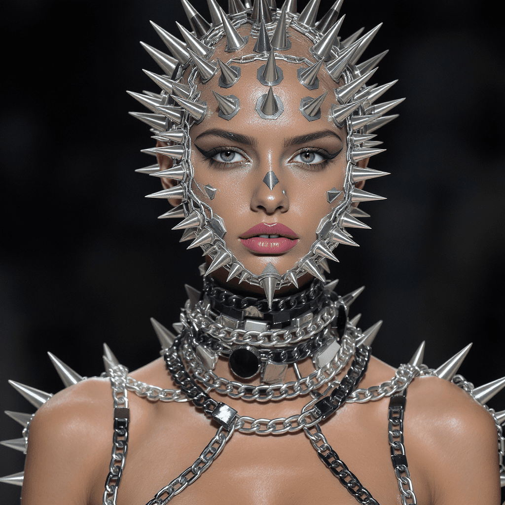AI generated: Close up on a Caucasian model wearing an outfit made of silver and black chains, the face is covered...