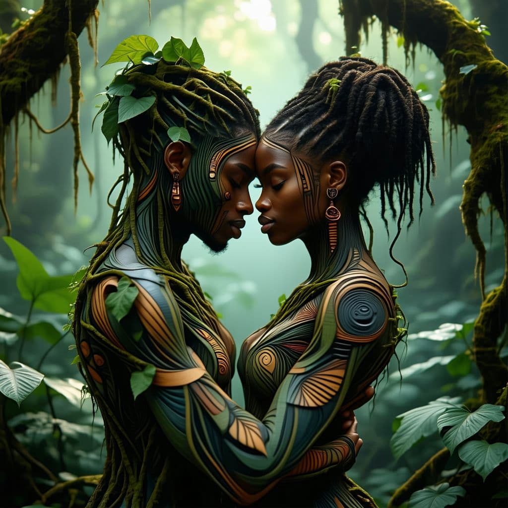 AI generated: Two people hugging each other in the jungle wedding, in the style of ethereal figures, made of vines...