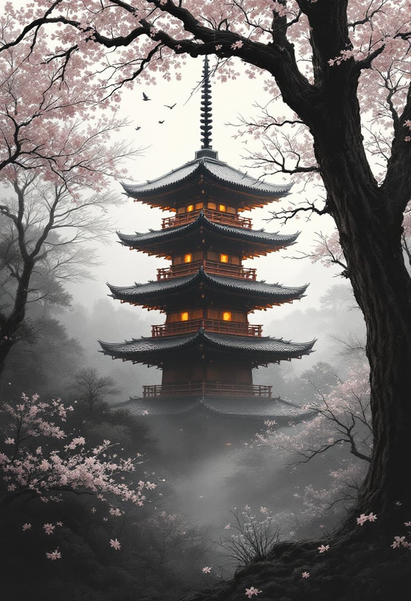AI generated: traditional Japanese pagoda in misty forest, soft warm light glowing inside the structure, tree trun...