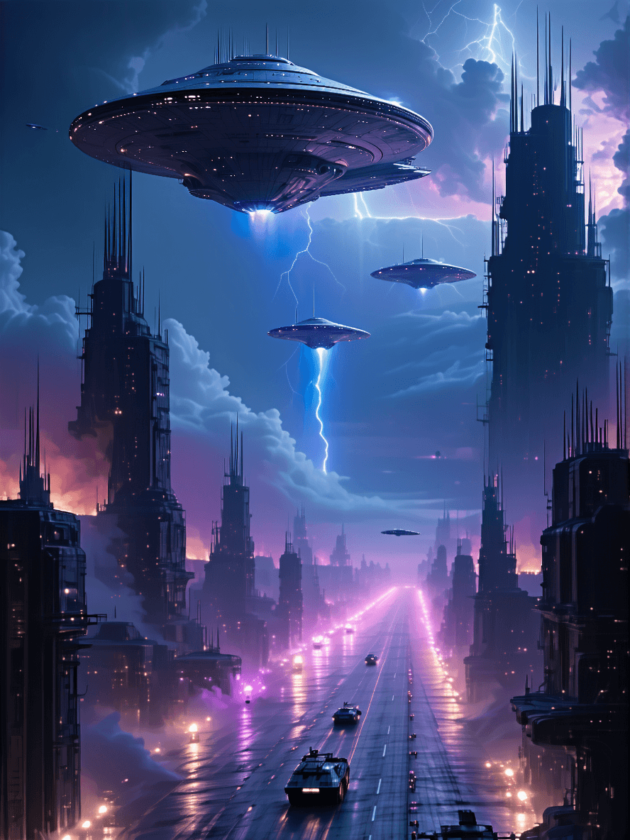 AI generated: the enigma of (a sci-fi city under attack from terrifying spacecraft:1.9) in random futuristic dysto...