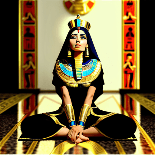 AI generated: Egyptian woman in luxurious attire sits on the floor with crossed legs and bowed head 
