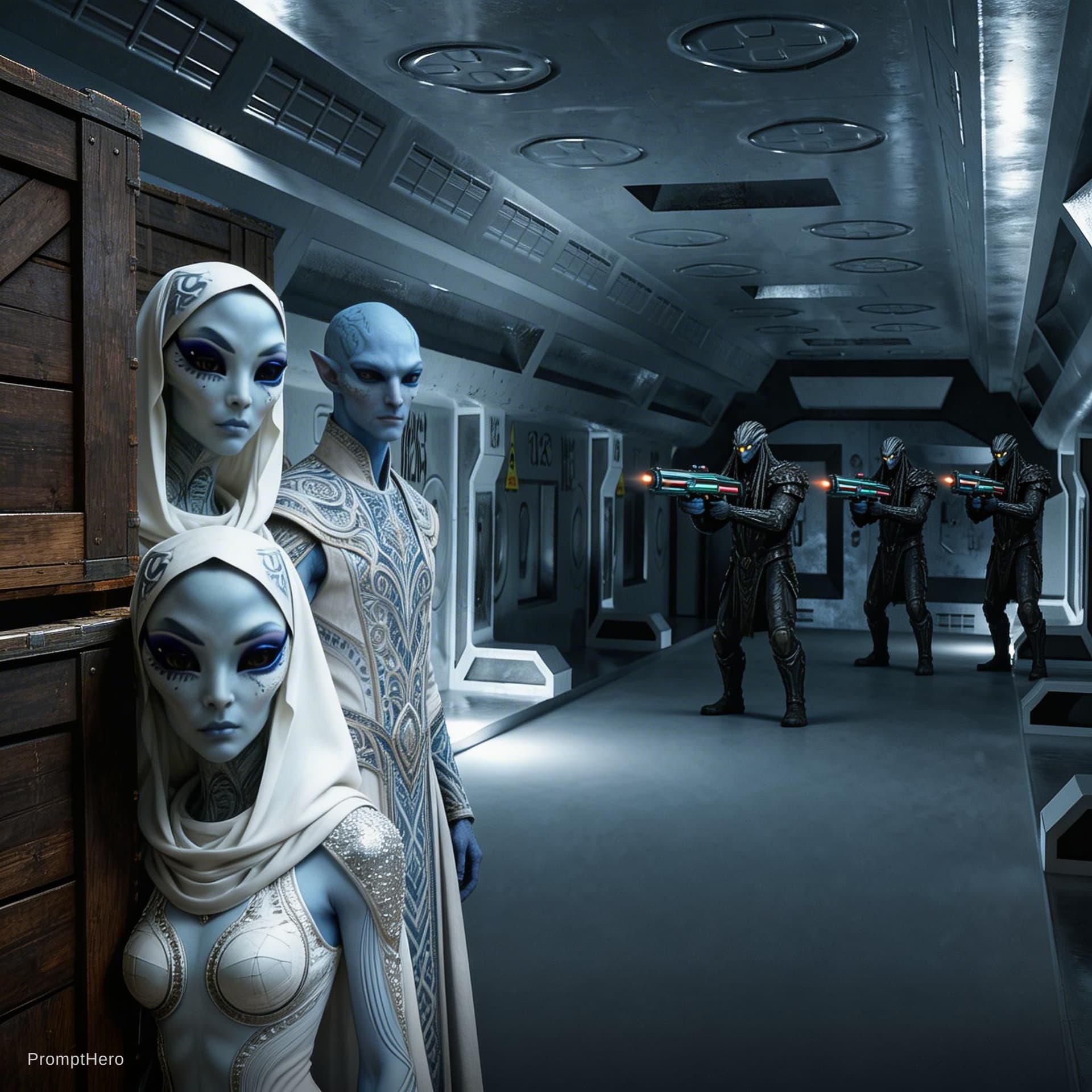 AI generated: Sci-Fi scene. Show the aliens from reference image 2 hiding in the room behind crates, while 3 alien...